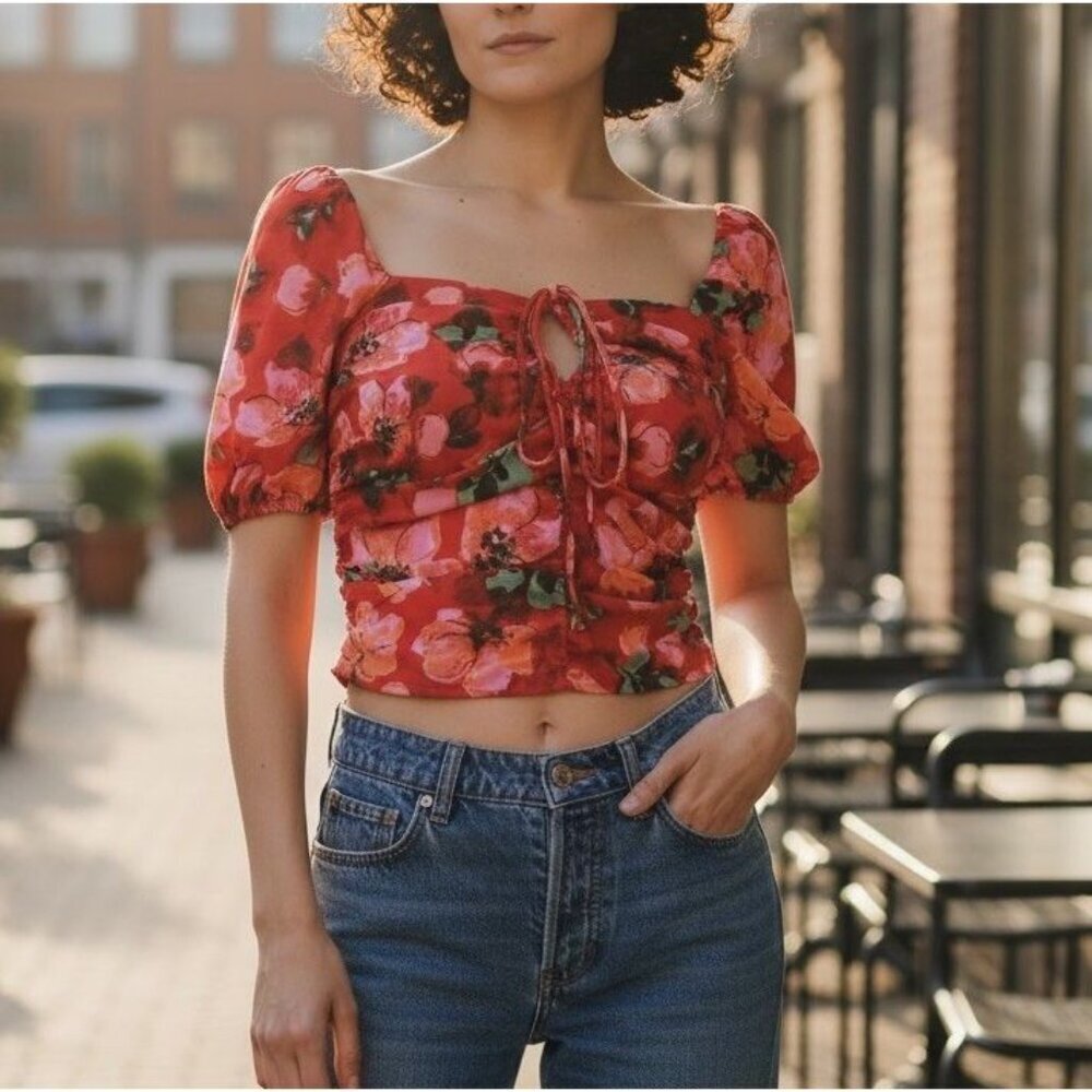 NWT H&M Womens Large Red Pink Puff Sleeve Ruched Tie Front Cropped Top